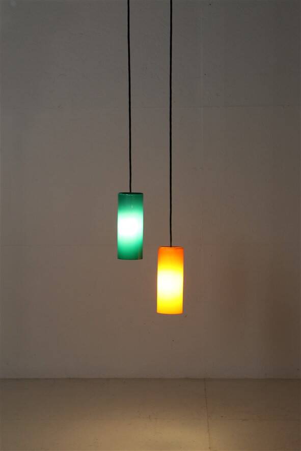 Ensemble de 2 lampes suspendues en verre Nordisk Solar Compagni / Holmegaard “74105” / Design danois moderne des années 1960.