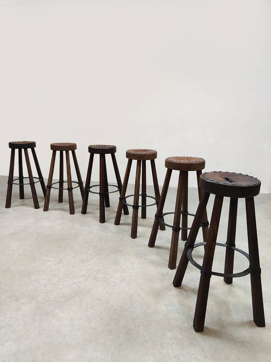 Vintage Spanish leather barstools 'Brutalism'