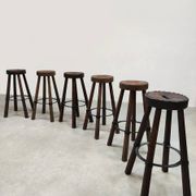 Tabourets de bar brutalistes en bois et cuir, Espagne 1970