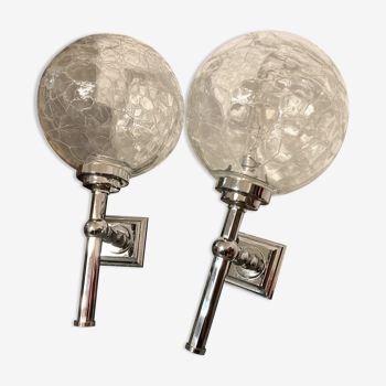 Pair of vintage wall lamps chrome metal and marbled glass