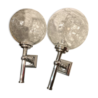 Pair of vintage wall lamps chrome metal and marbled glass