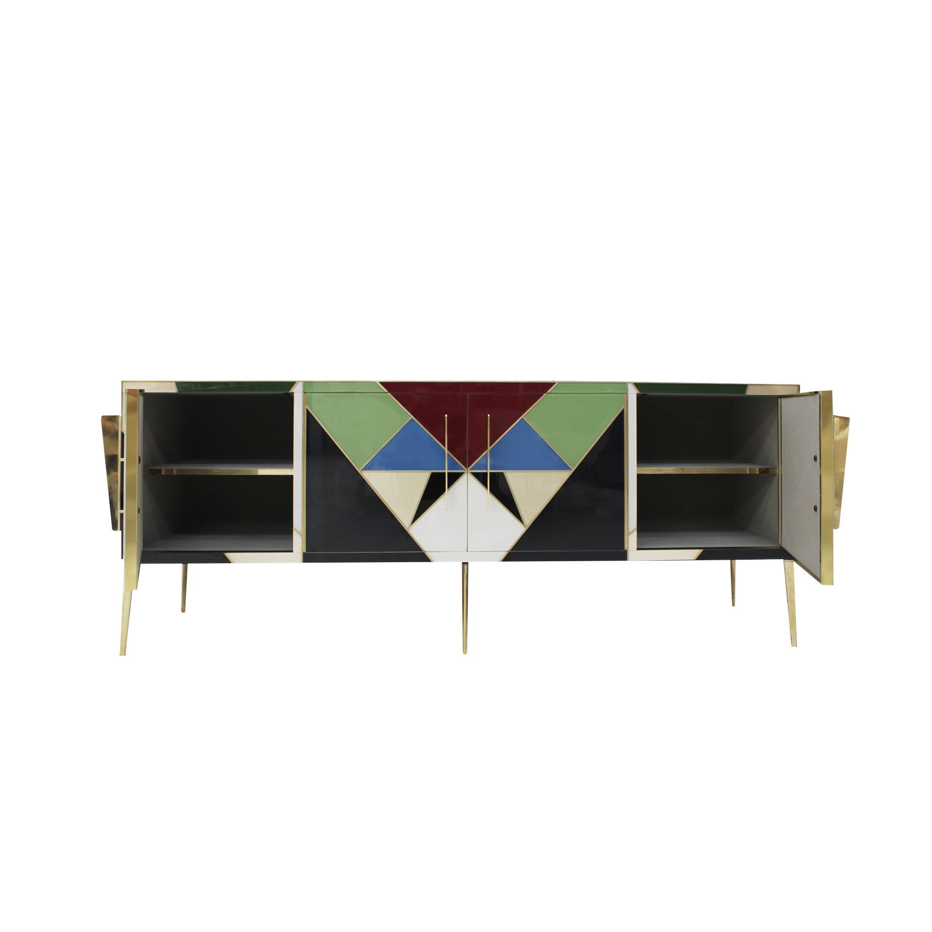 Mid-Century Style Italian Sideboard Made of Wood Brass and Colored Glass