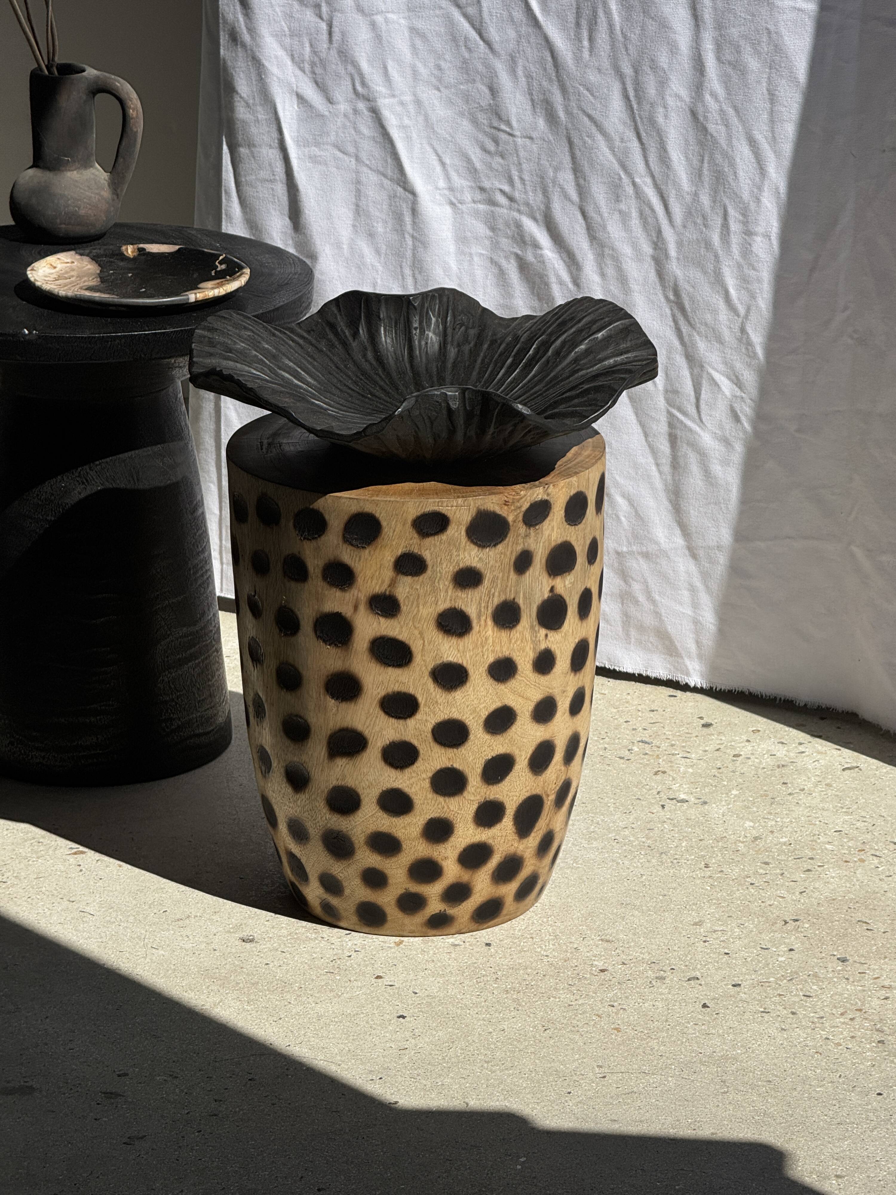 Stool, side table, cylindrical solid mango wood end table.