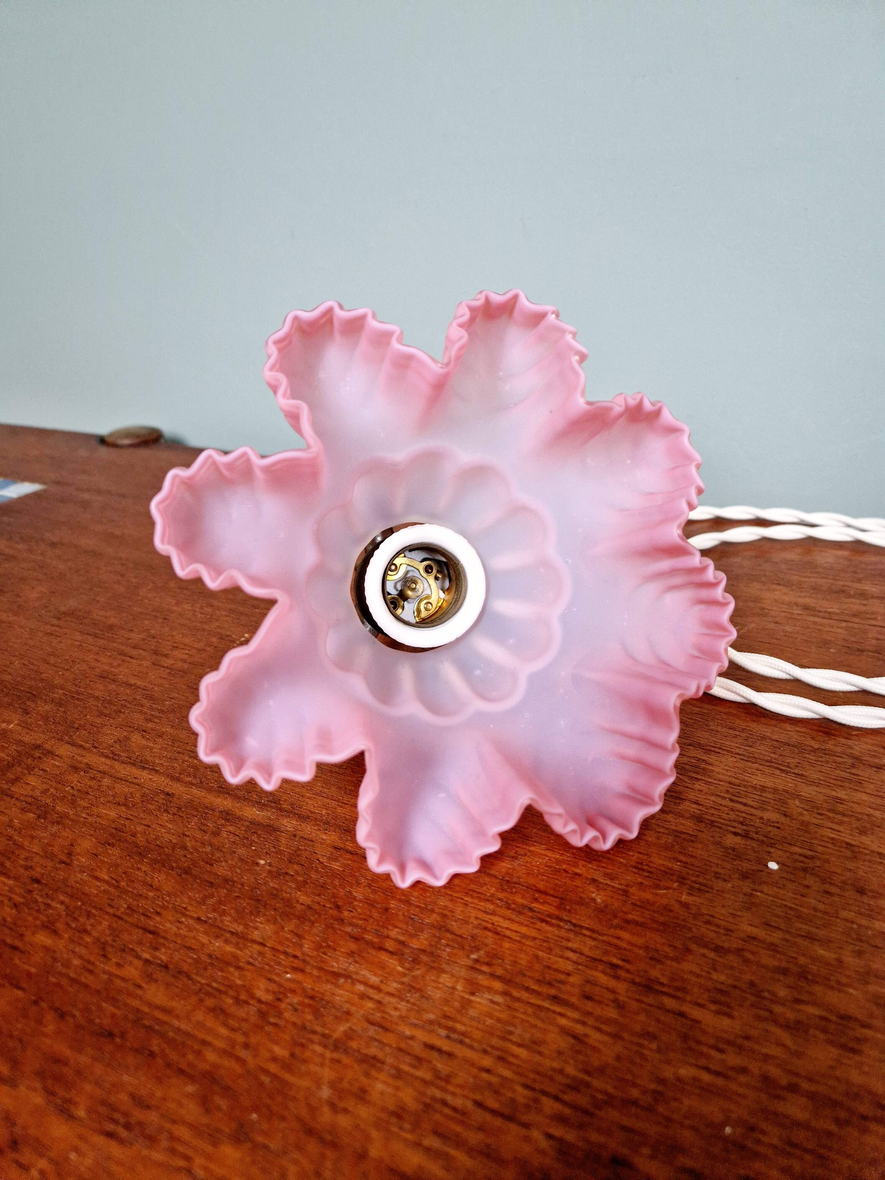 Scalloped pink satin glass pendant/lamp, 1920s-30s