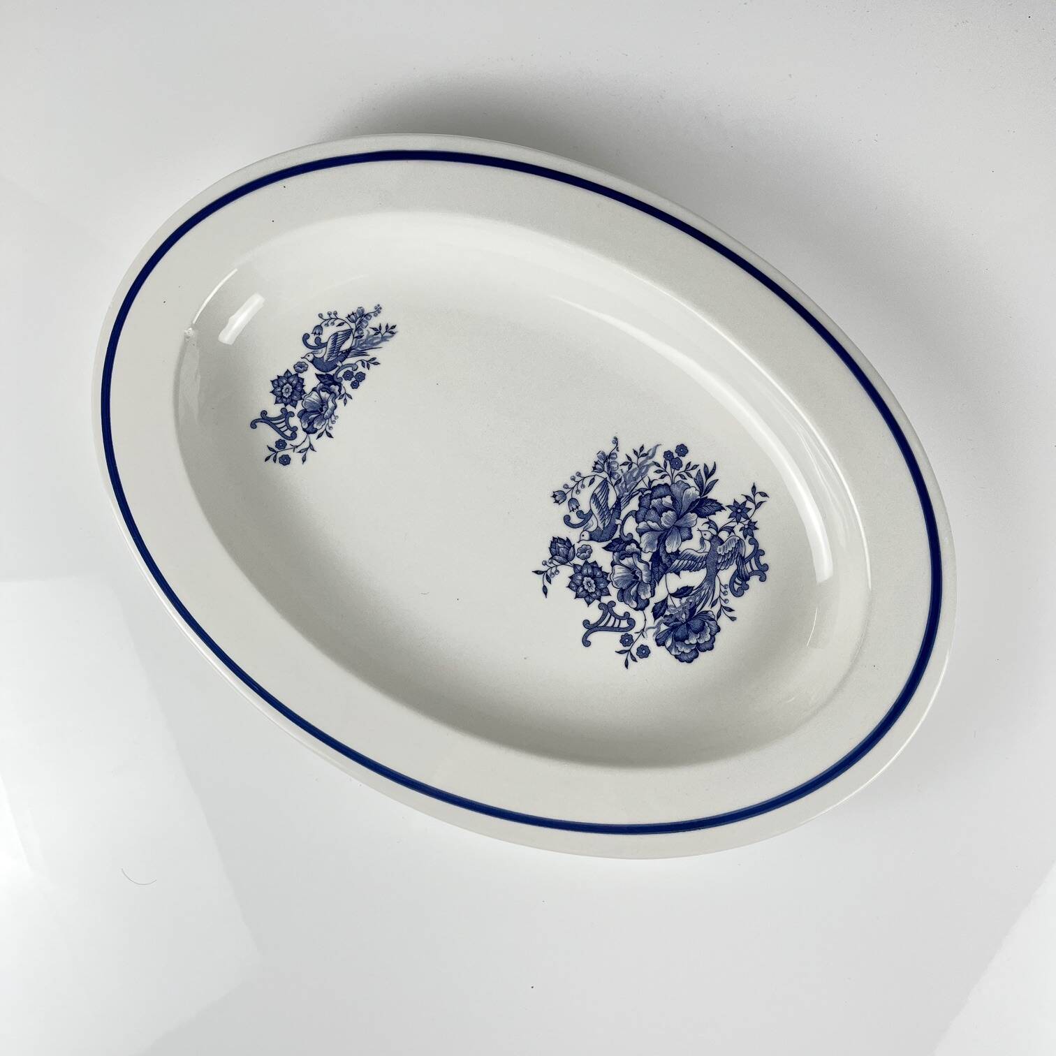 Large white & blue oval dish, bird and flower motif