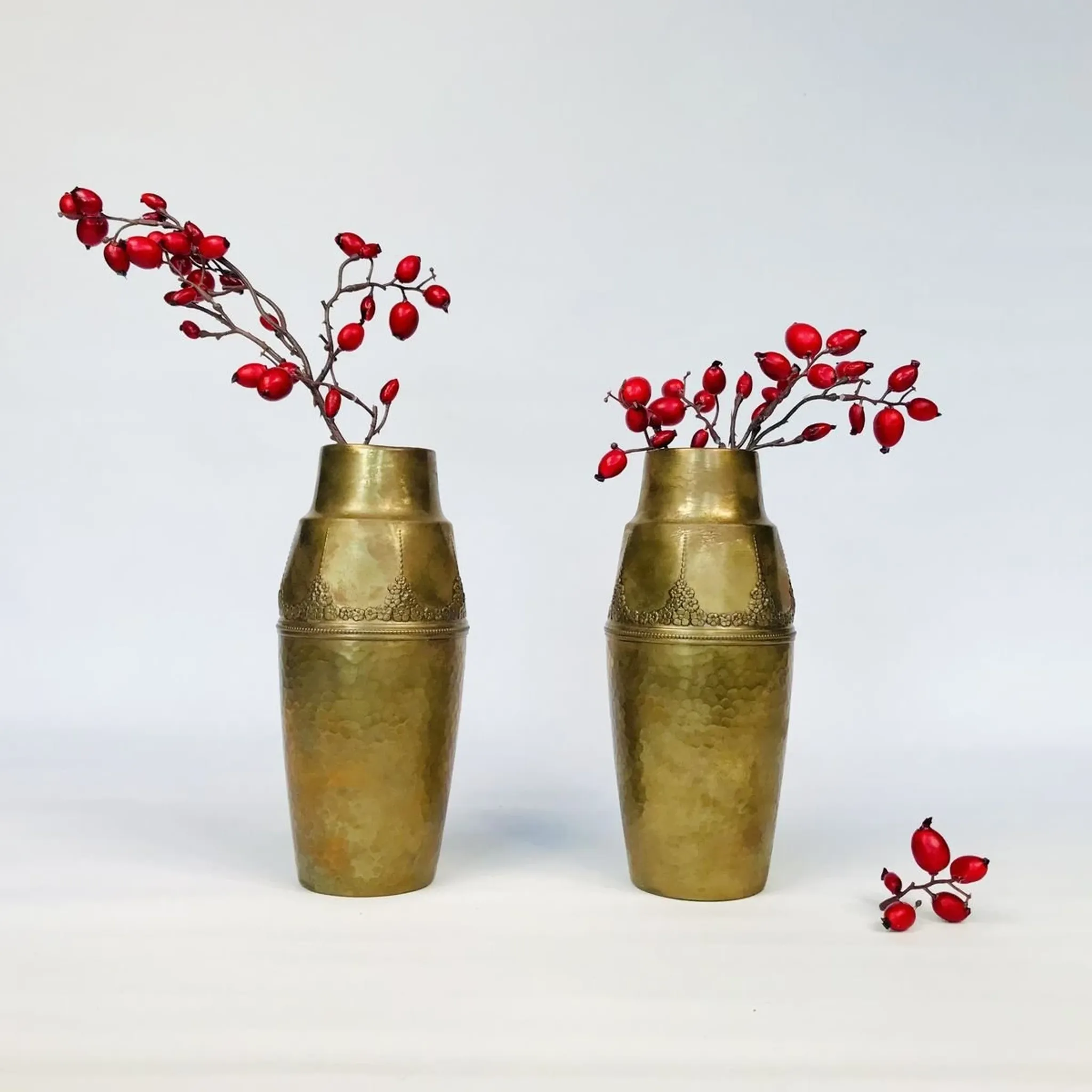 Art Nouveau Wrought & Hammered Brass Vases from WMF Germany 1920s, Set of 2