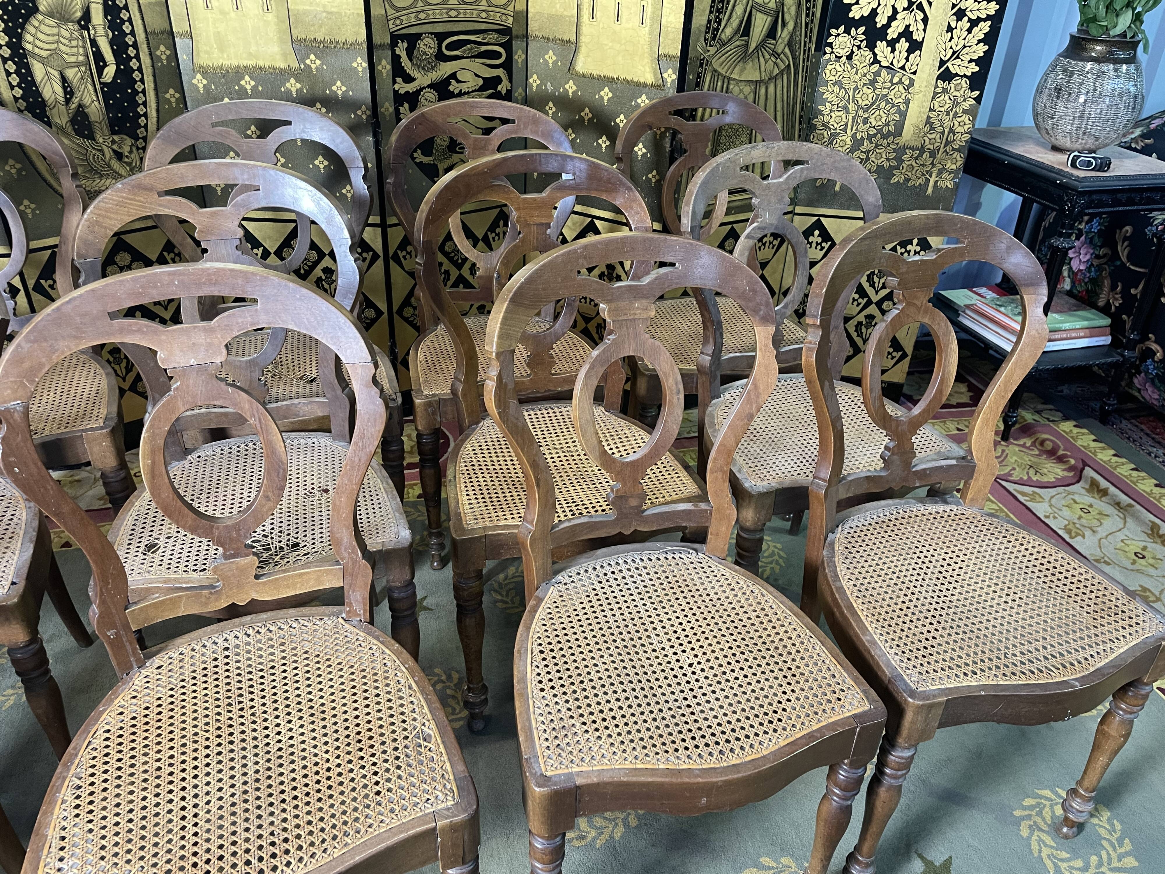 Suite of 12 Louis Philippe period chairs in walnut and canning