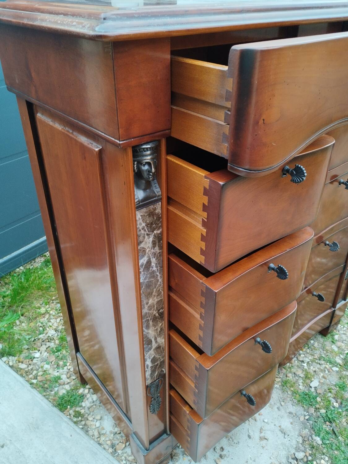 Antique weekly chest of drawers, Louis XVI style marble top
