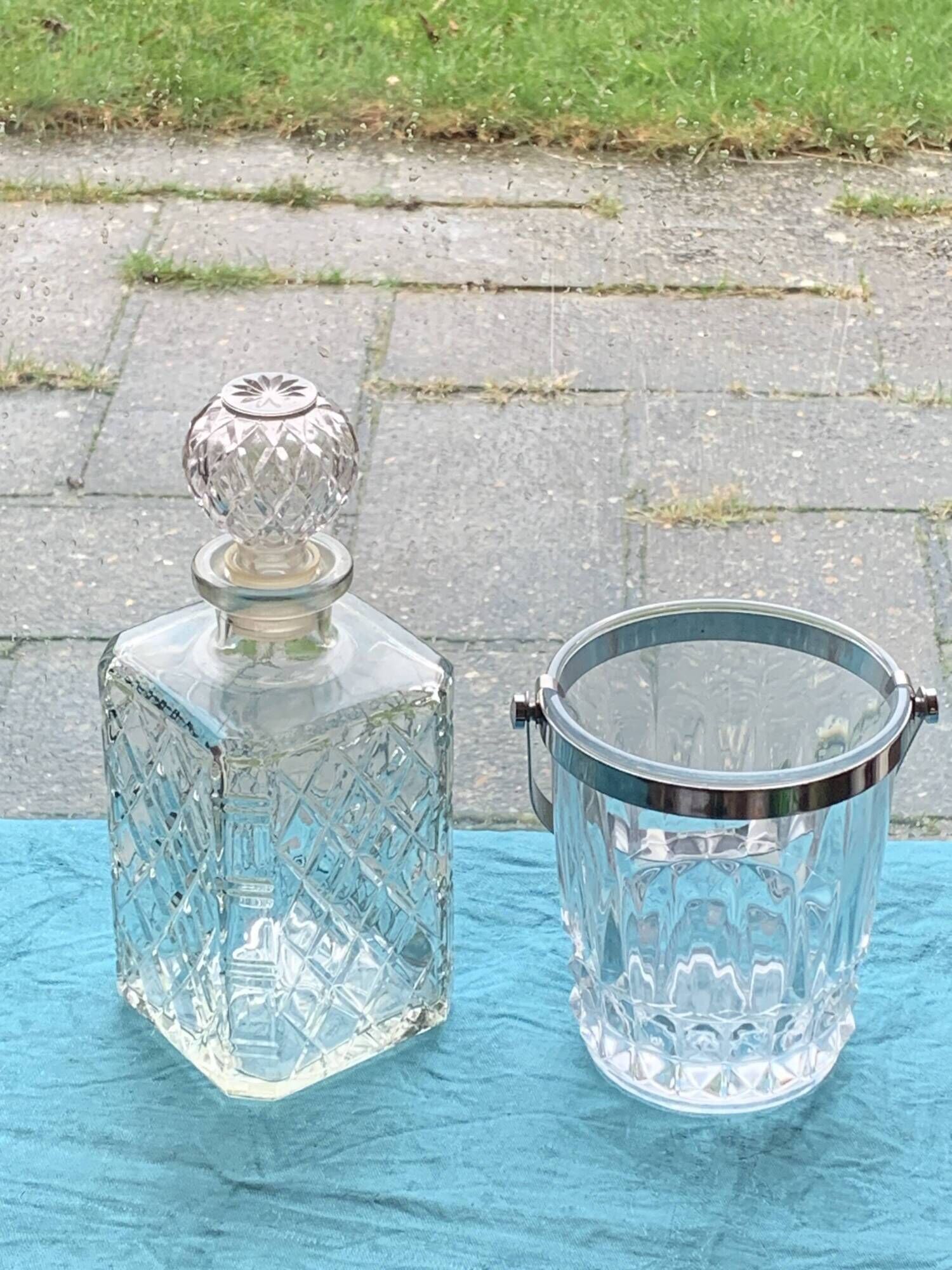 Whiskey carafe and ice bucket stamped crystal d'arques in vintage transparent glass