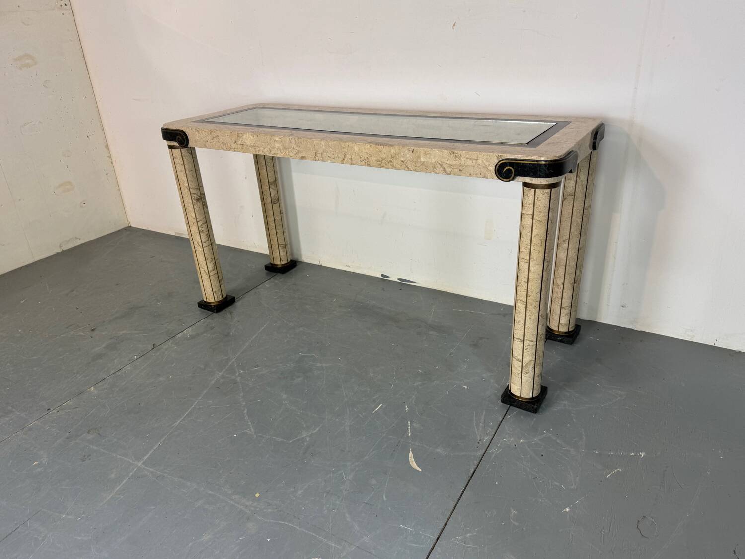 Console d'entrée vintage en travertin et laiton de style italien, années 1980