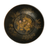 CHINA, black lacquered wood cup decorated three dignitaries early twentieth century