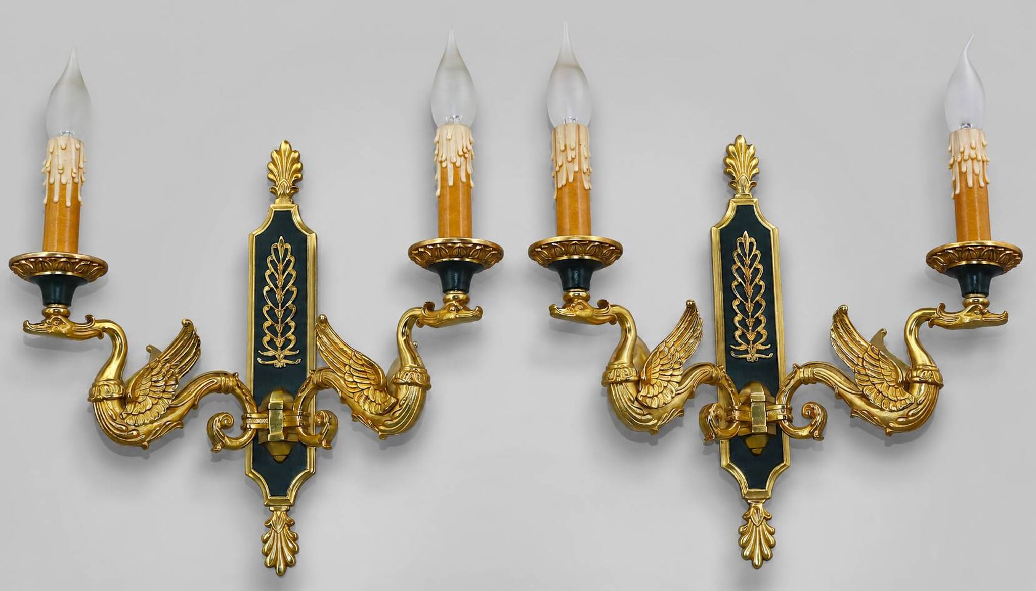 Pair of Gilded Bronze Wall Lights in Empire Style with Two Lights by Lucien Gau