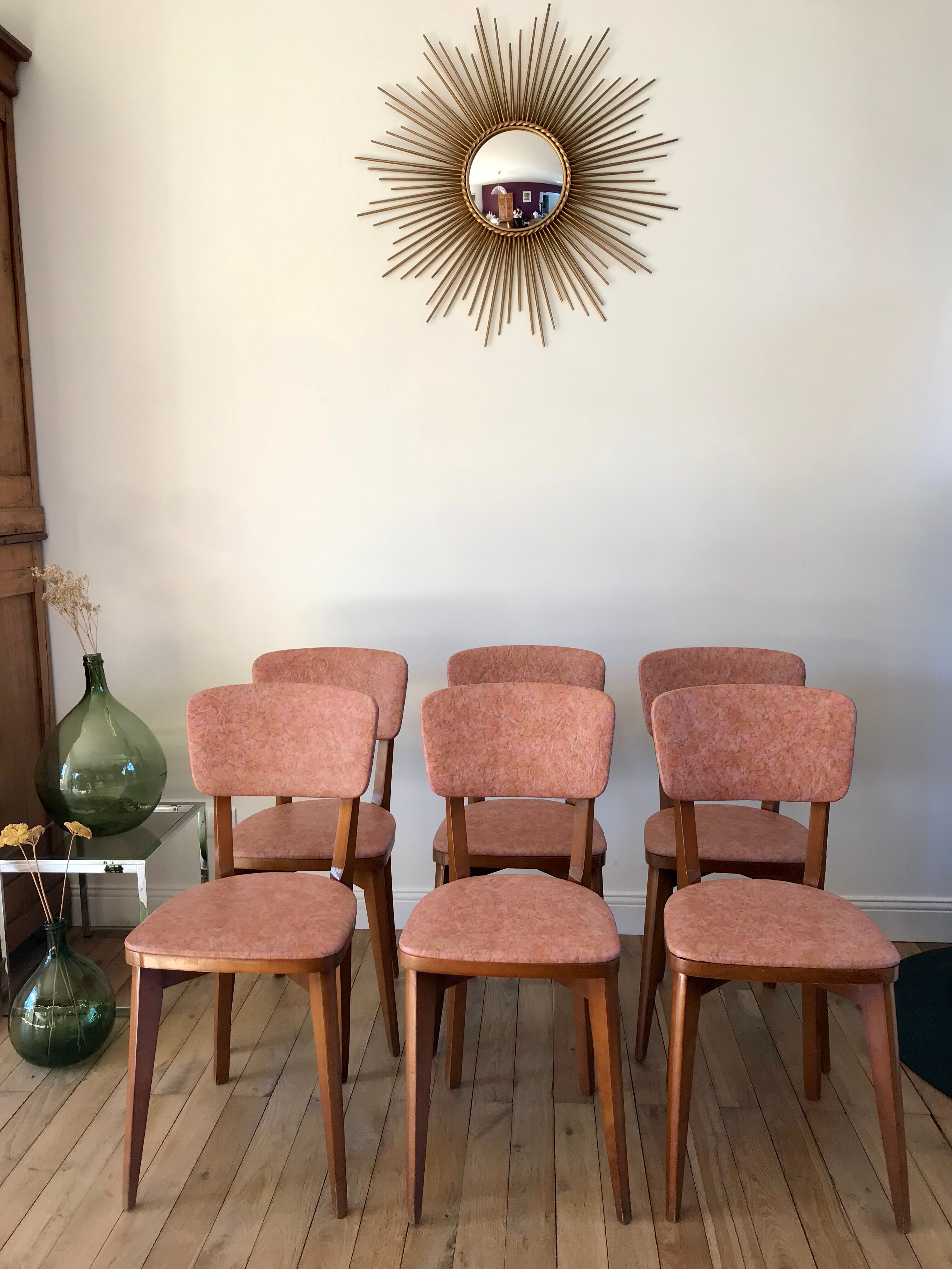 Set of 6 Scandinavian chairs in beech wood and pastel skaï 50s