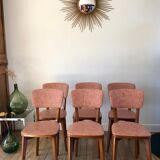Set of 6 Scandinavian chairs in beech wood and pastel skaï 50s