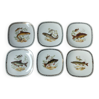 6 assiettes à poisson, forme carrée par manufacture Longchamp, France, années 1960