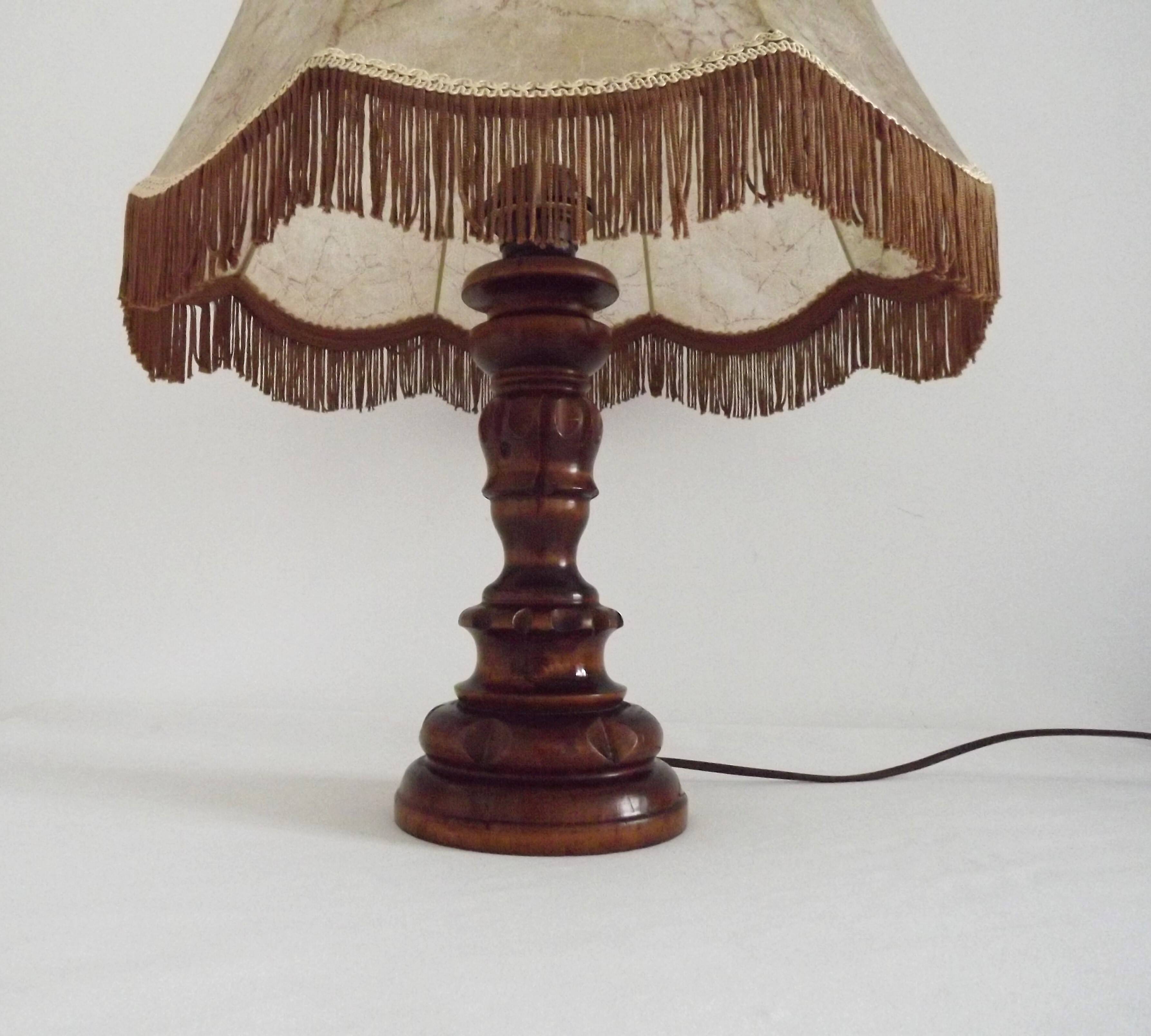 Vintage French Country Table Lamp Carved Turned Wood Base & Hide Skin Shade