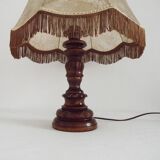 Vintage French Country Table Lamp Carved Turned Wood Base & Hide Skin Shade