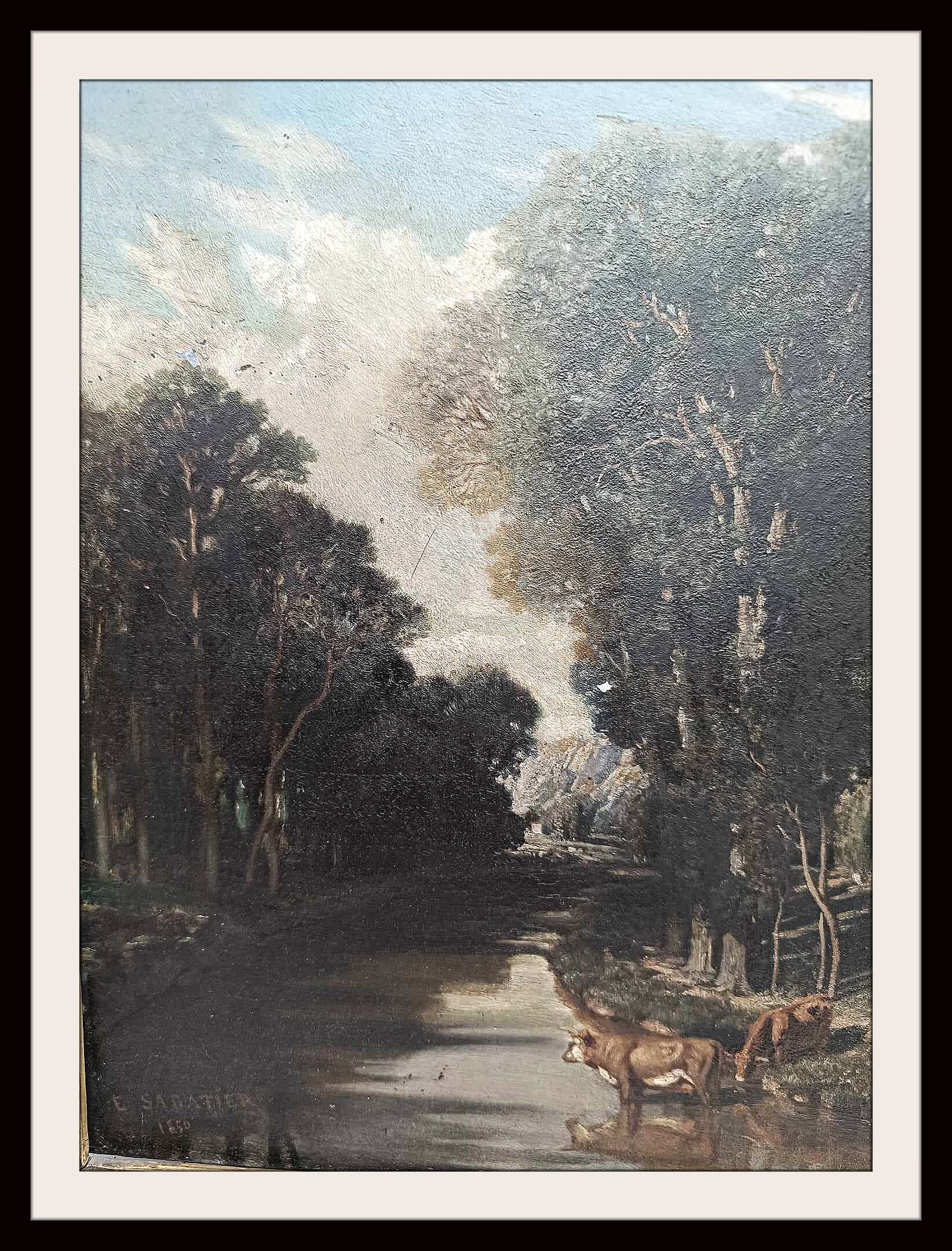 Very beautiful Sabatier painting describing a scene with oxen drinking from the river against a forest background