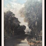 Très beau tableau Sabatier décrivant une scène avec des boeufs buvant à la rivière sur fond de Forêt