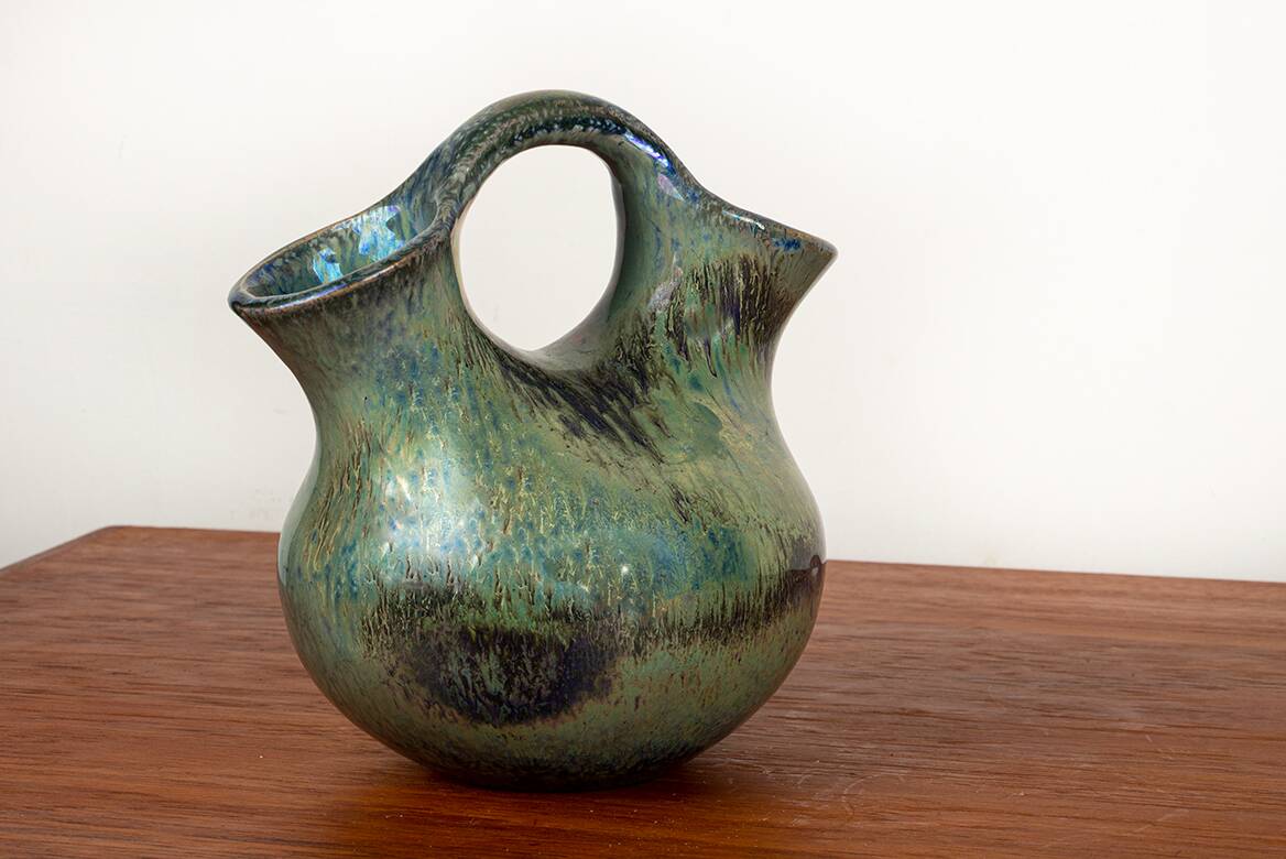 Art Deco double-necked vase in iridescent green flamed stoneware by Alphonse Cytère.