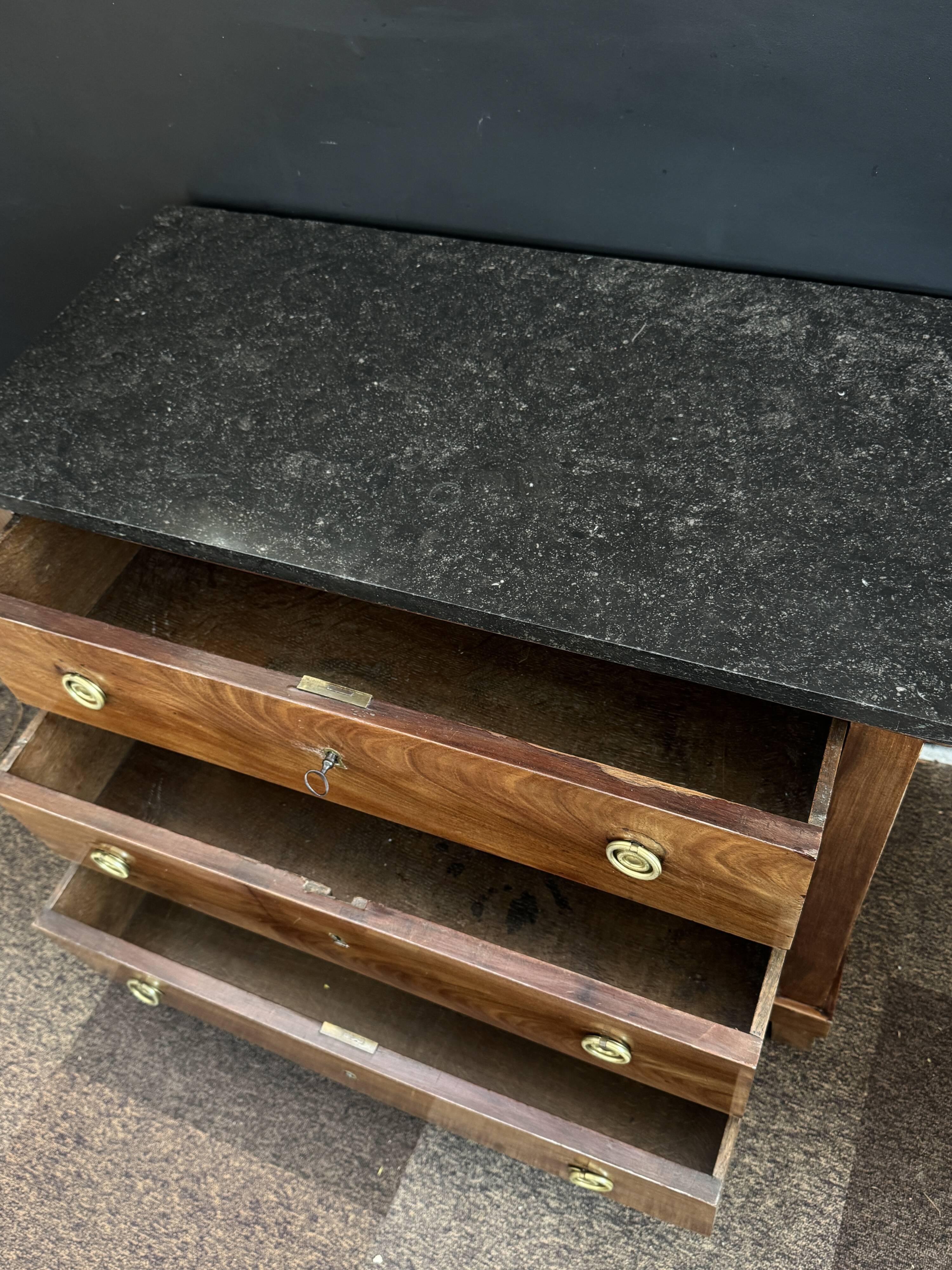 Empire style chest of drawers with 3 drawers and marble top - solid mahogany