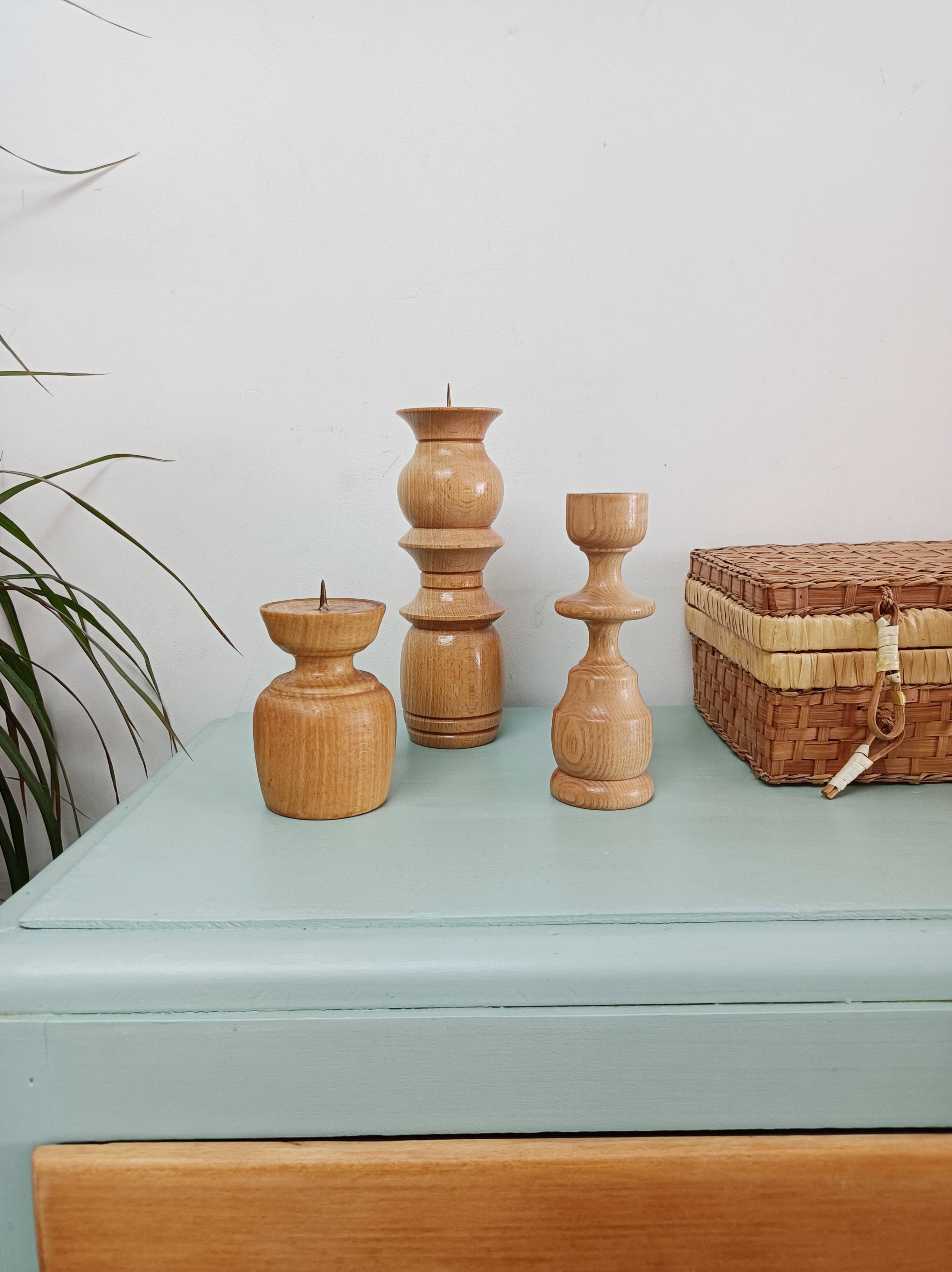 Set of 3 Scandinavian turned wooden candle holders