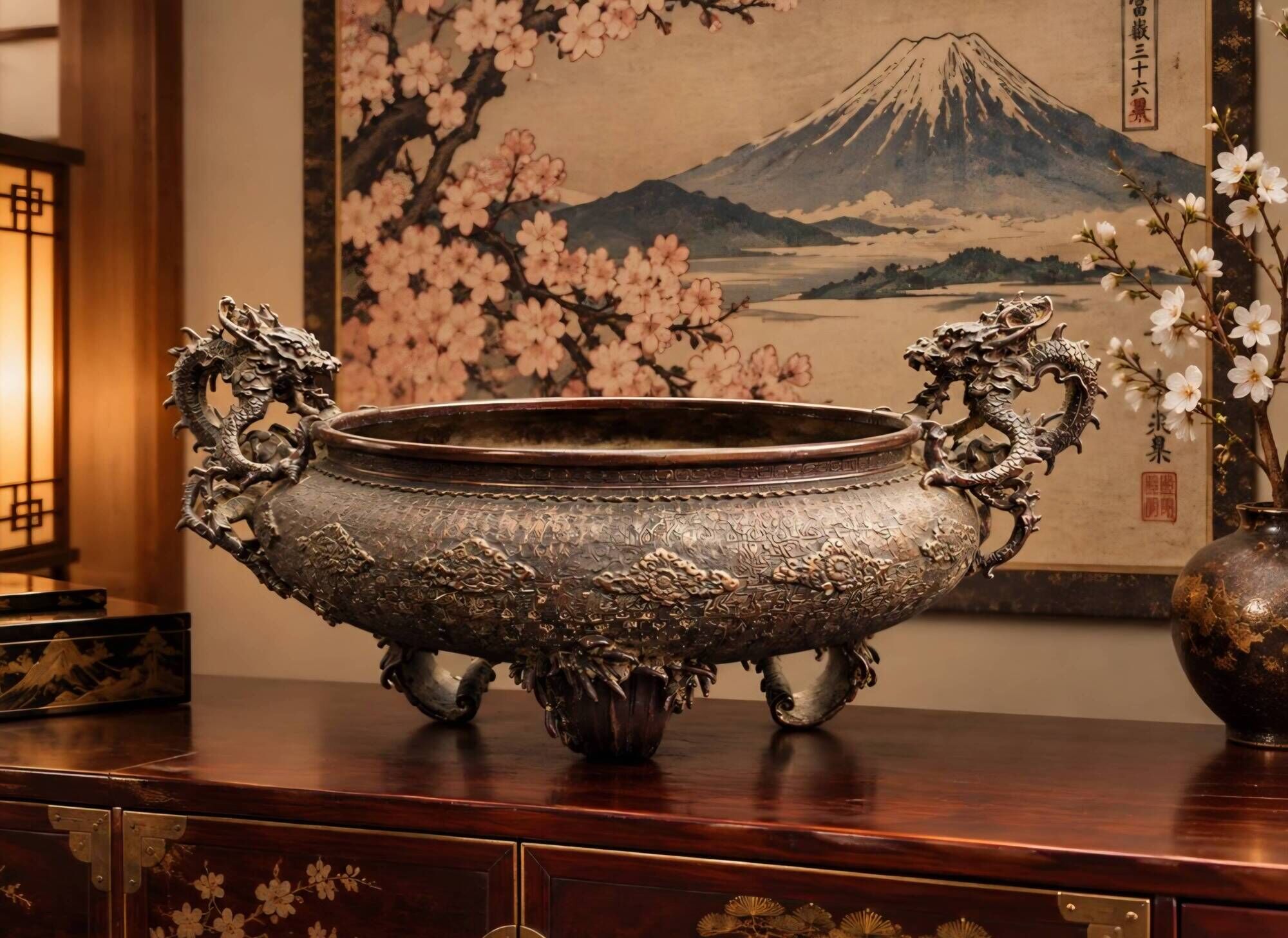 Dragon basin - large planter - in bronze, Meiji period