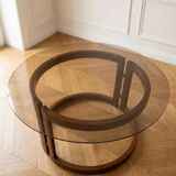 1970s Vintage Round Coffee Table with Smoked Glass Top