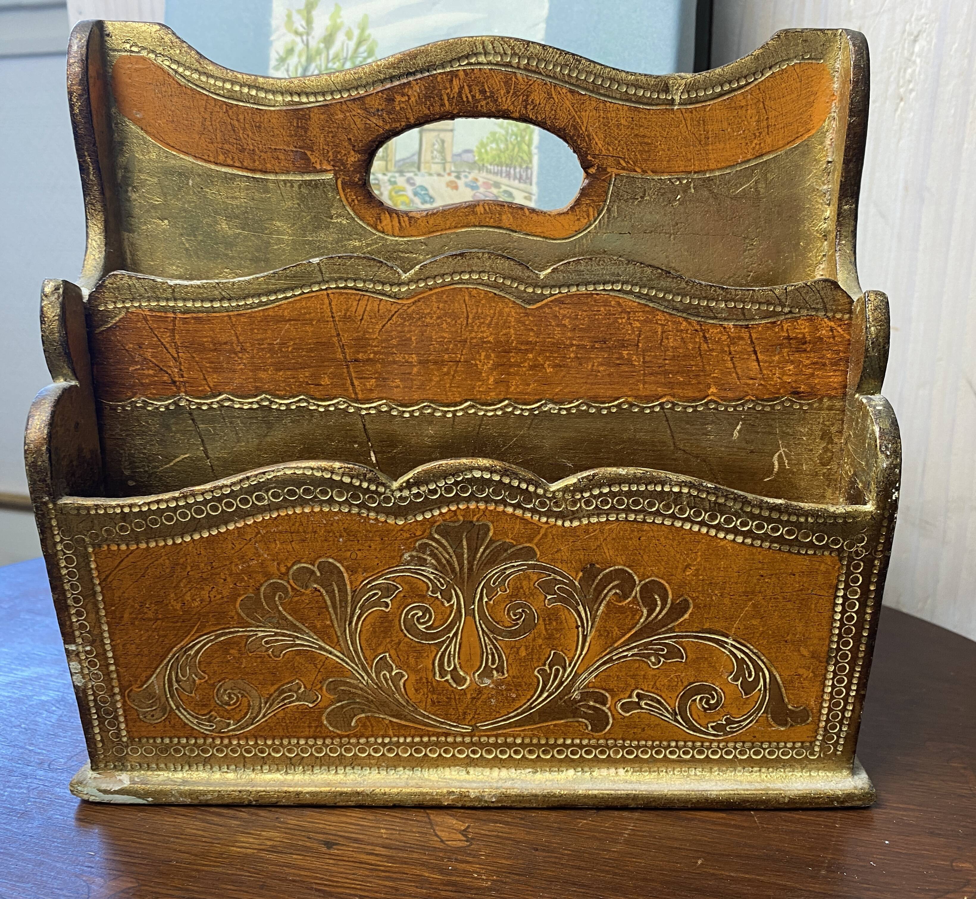 Small mail rack in old Florentine wood