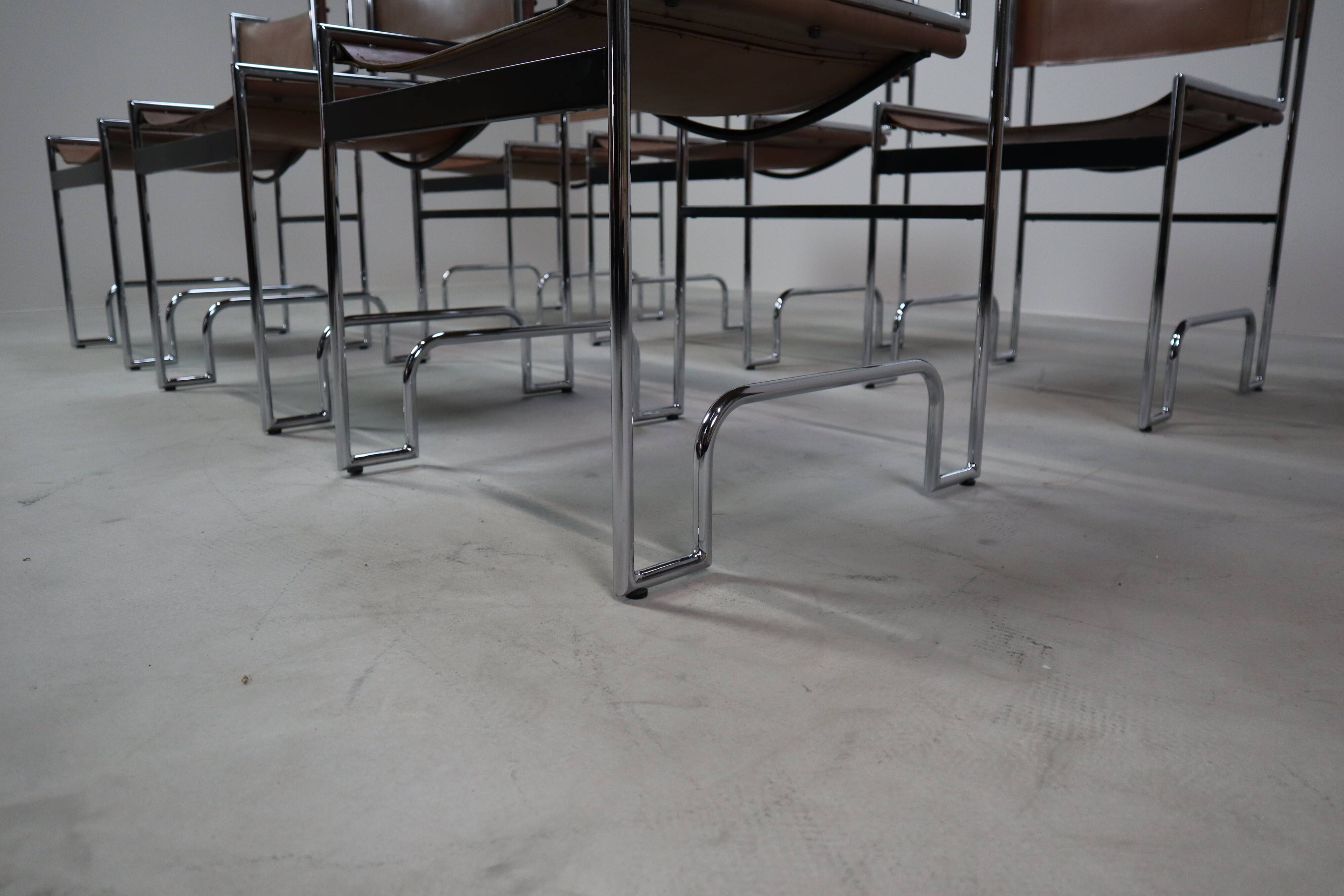 Set of 6 modernist chrome and leather dining chairs, 1970's