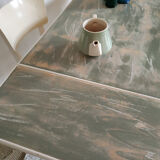 Set old wooden table with extension cords and 2 Thonet chairs