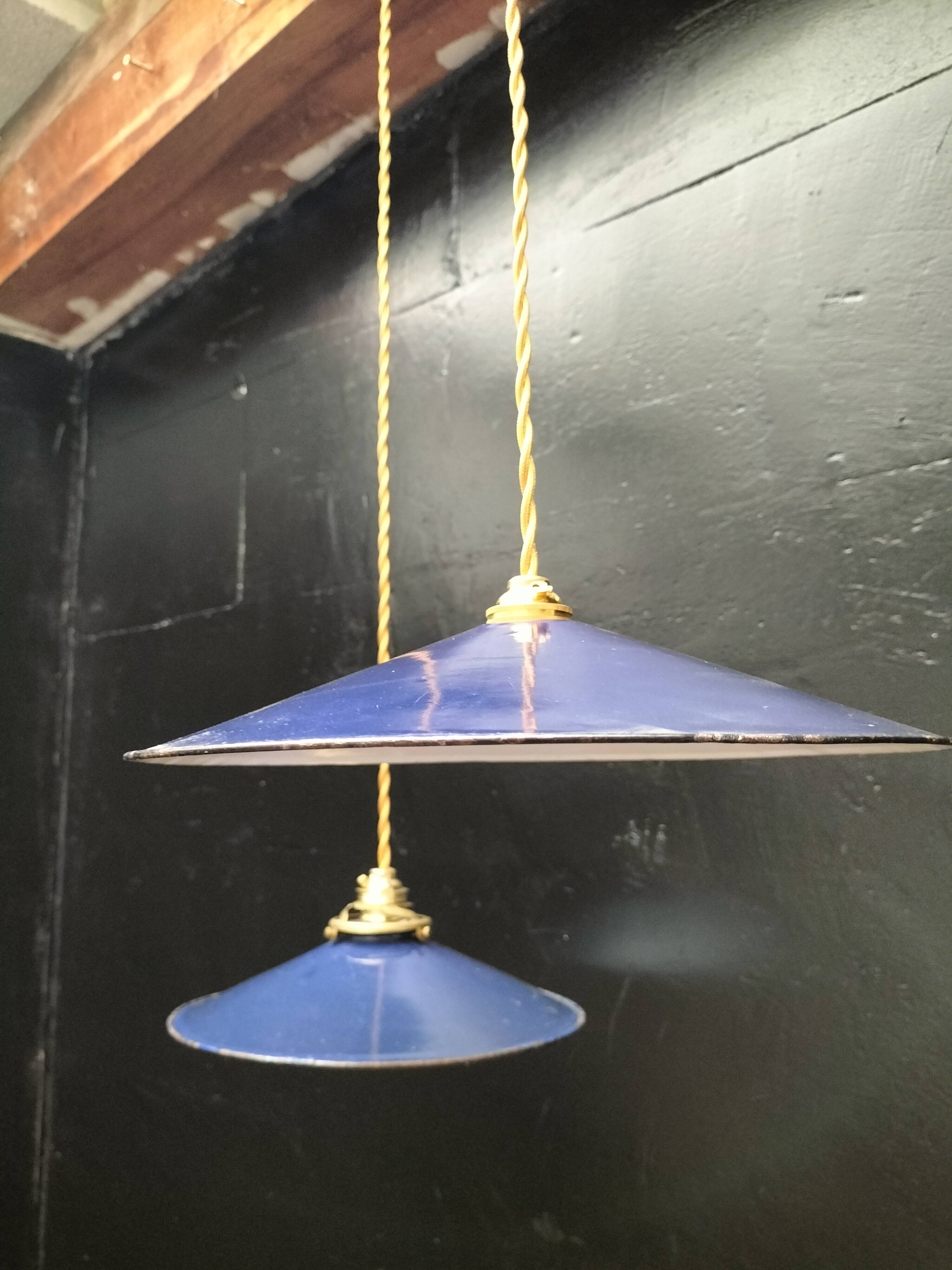 Blue enameled sheet metal pendant lights