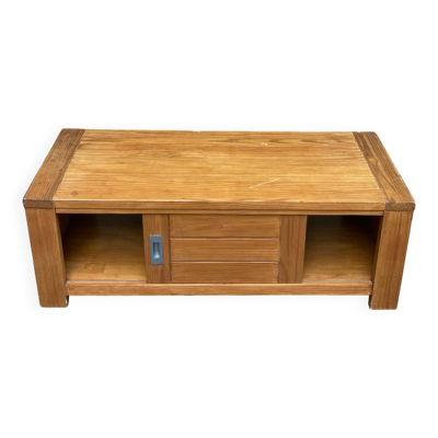 Table basse en bois massif avec porte coulissante pin teinté 120x60cm