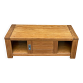Table basse en bois massif avec porte coulissante pin teinté 120x60cm