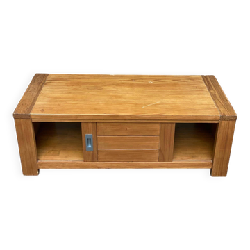 Solid wood coffee table with sliding door, stained pine, 120x60cm.
