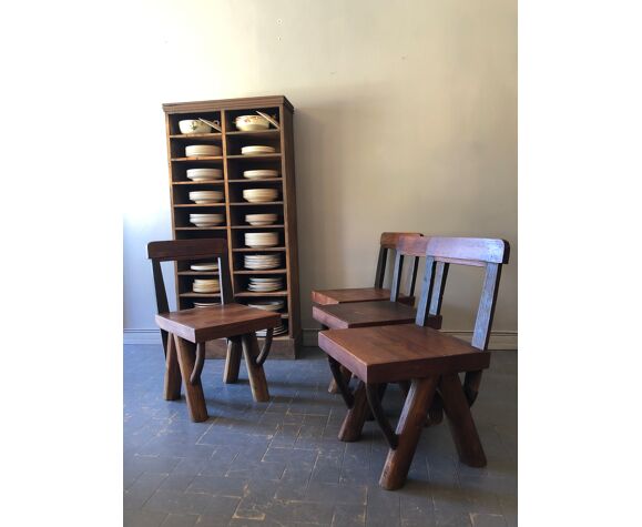 4 brutalist solid oak chairs