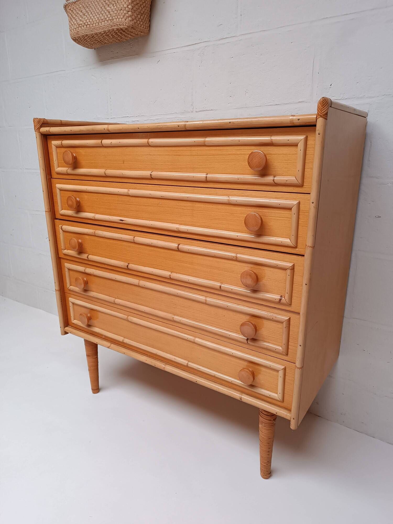 Bamboo and rattan wood chest of drawers from the 60s
