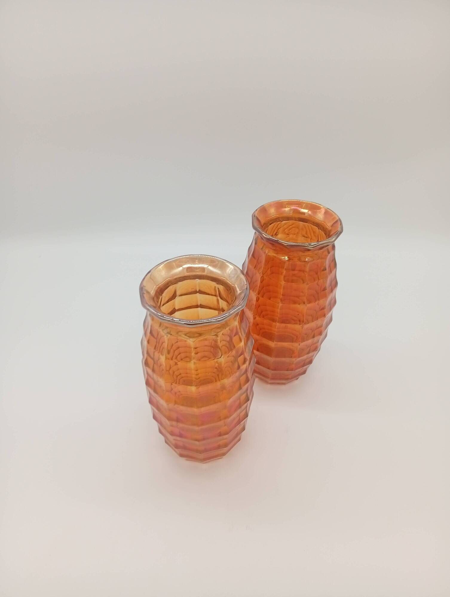 Paire Vases Art Déco Josef Invald Carnival Marigold Orange Irisé Jacobean