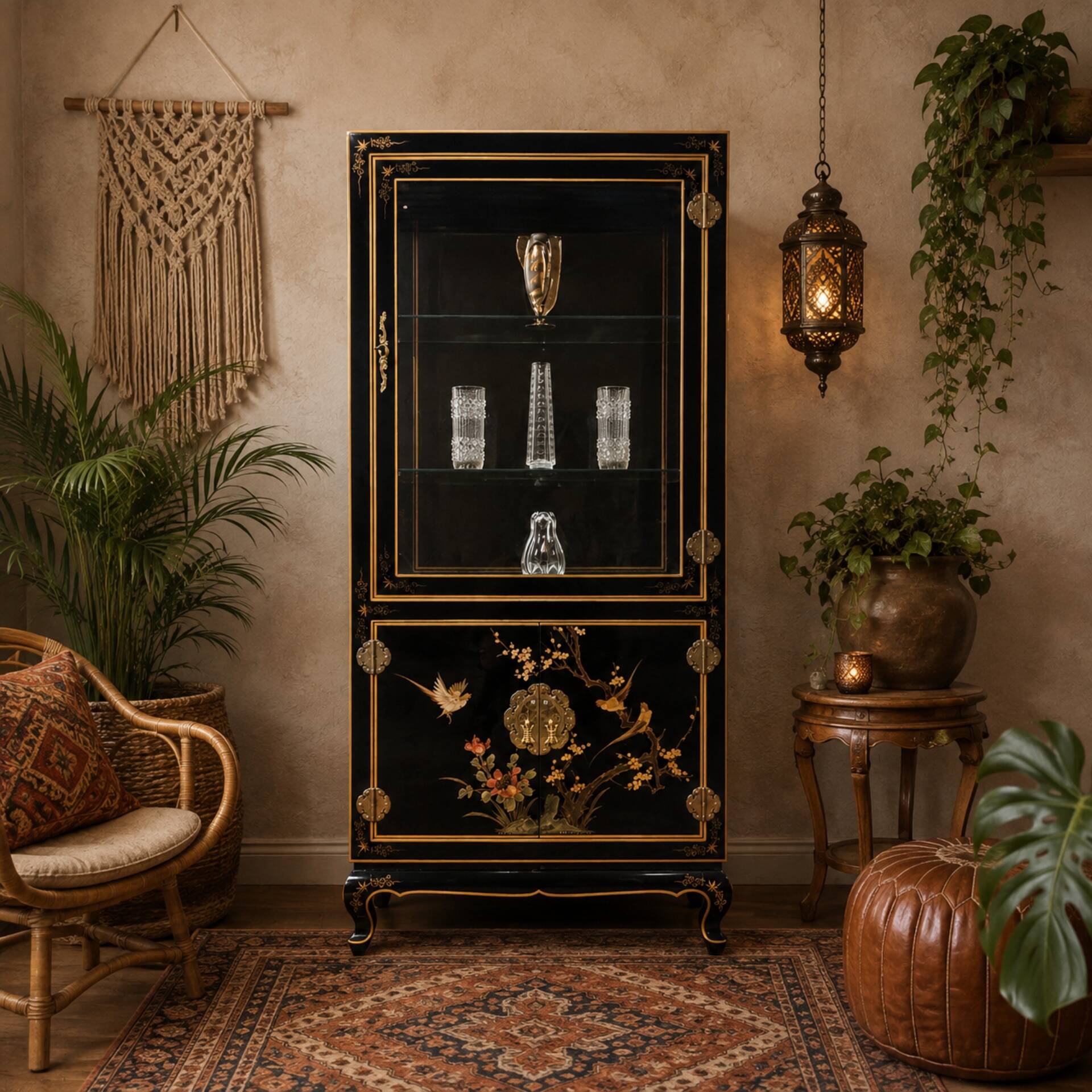Cabinet d'affichage chinois vintage avec fleurs et oiseaux / Bohémien