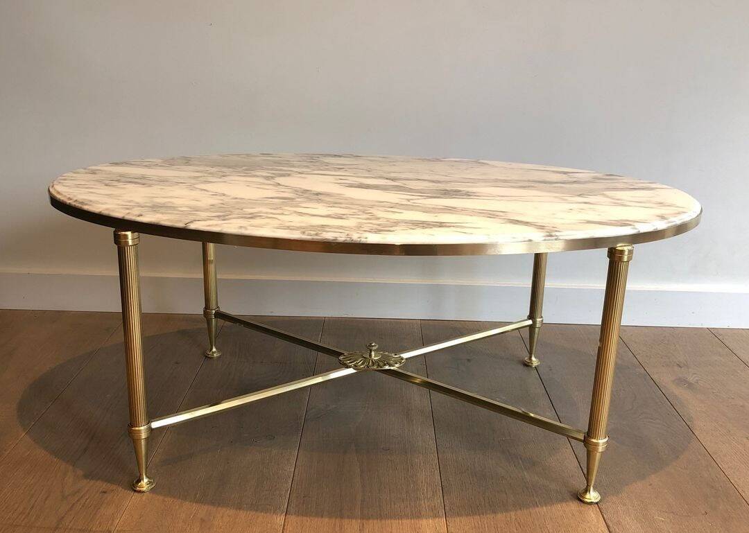 Neoclassical Oval Coffee Table in Brass and Carrara Marble, Janse House