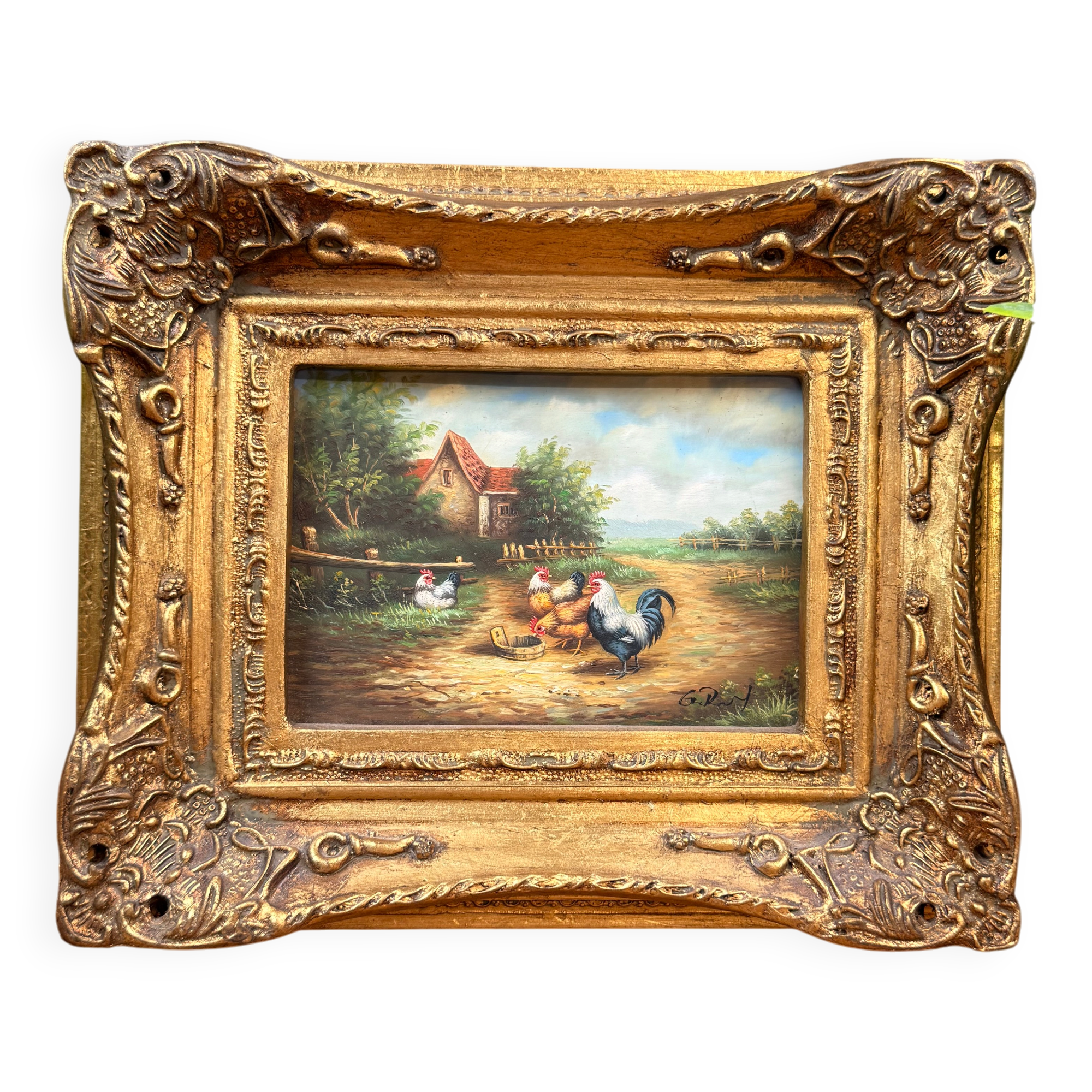 Oil on Panel Signed – Courtyard Scene with Roosters and Hens