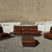 Complete vintage living room set, brushed aluminum and brown leather, France, 1970