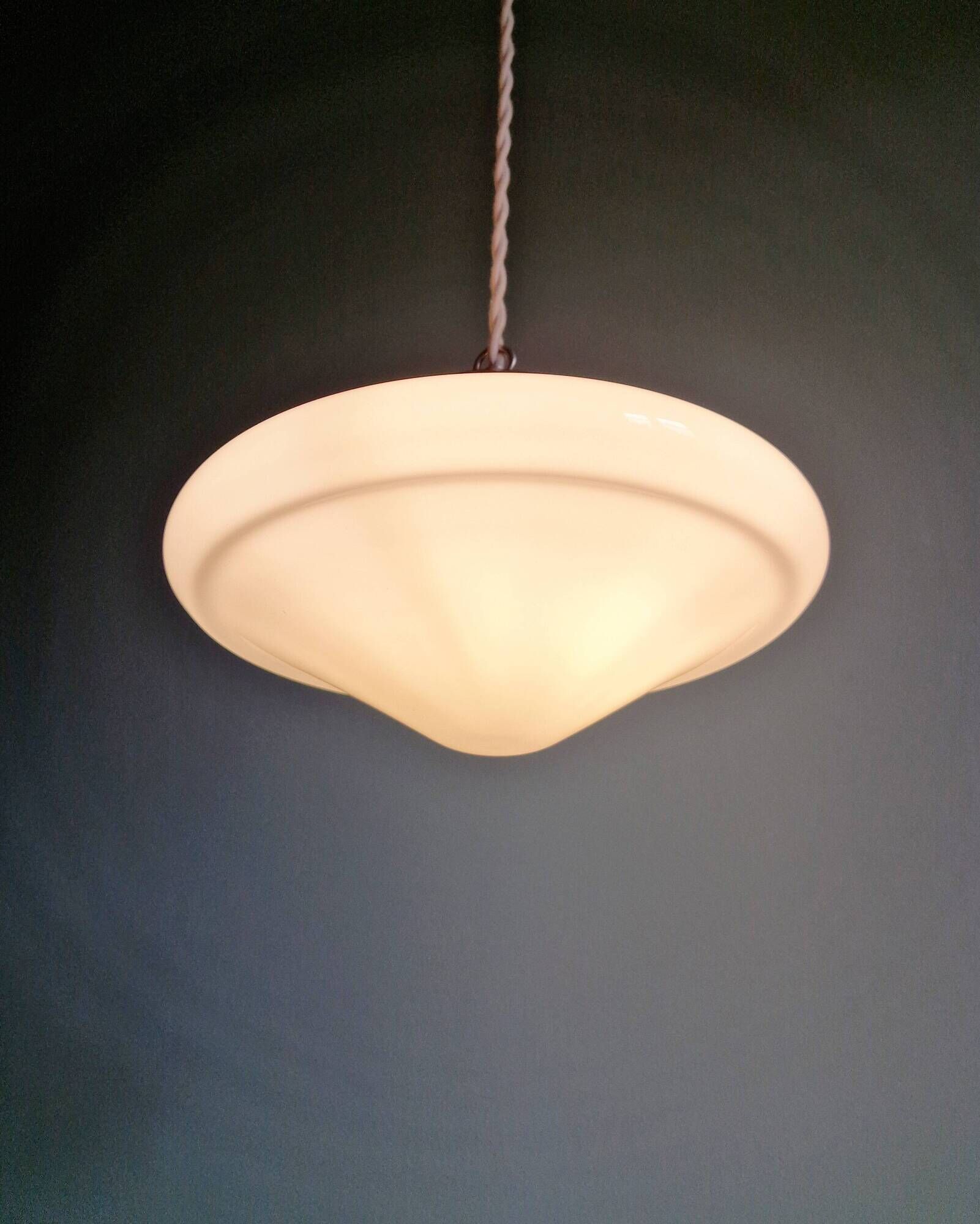 Art Deco pendant light in white opaline glass, conical, 1920s-30s