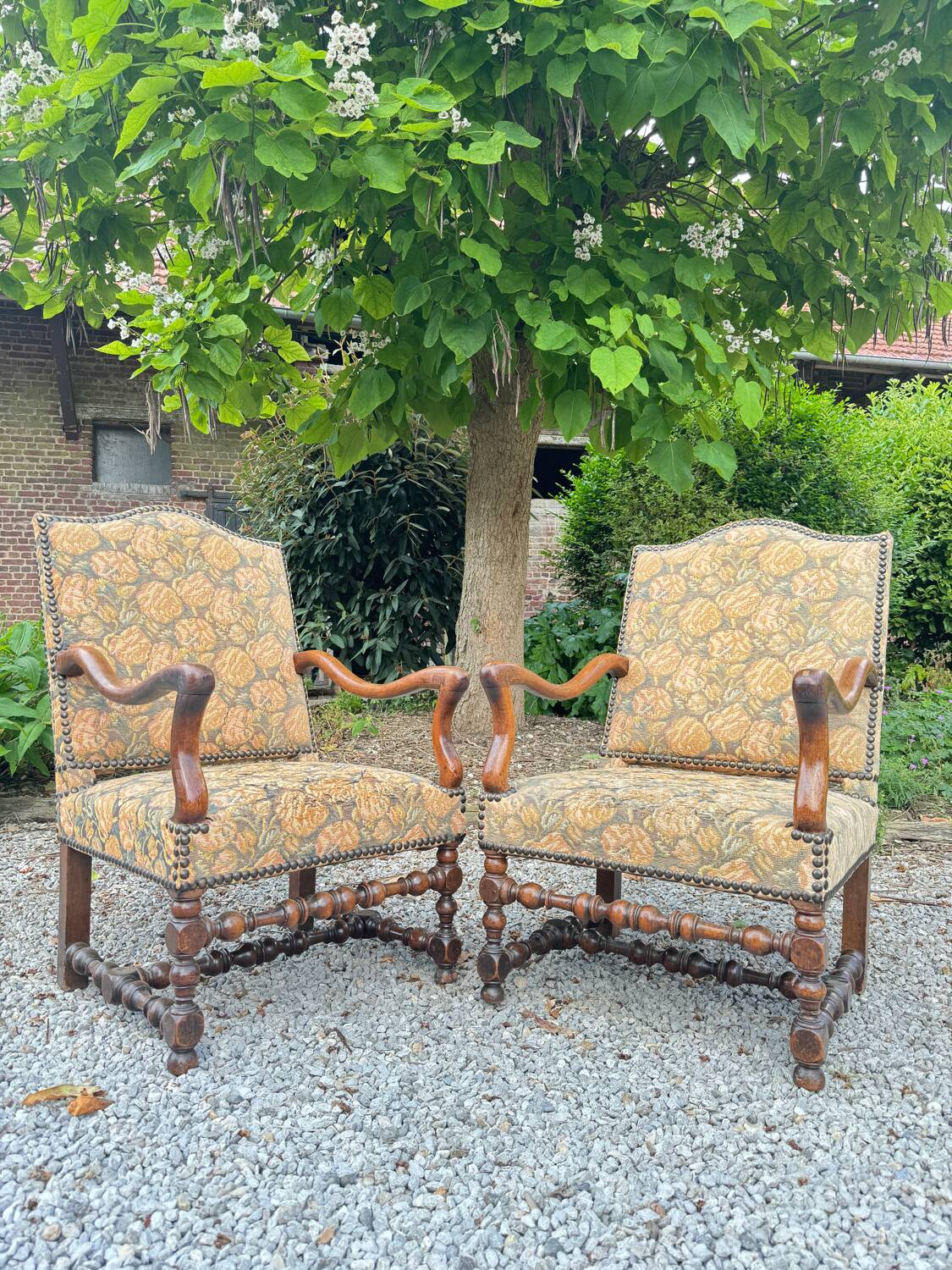 Pair of louis xiv period walnut armchairs, 17th century