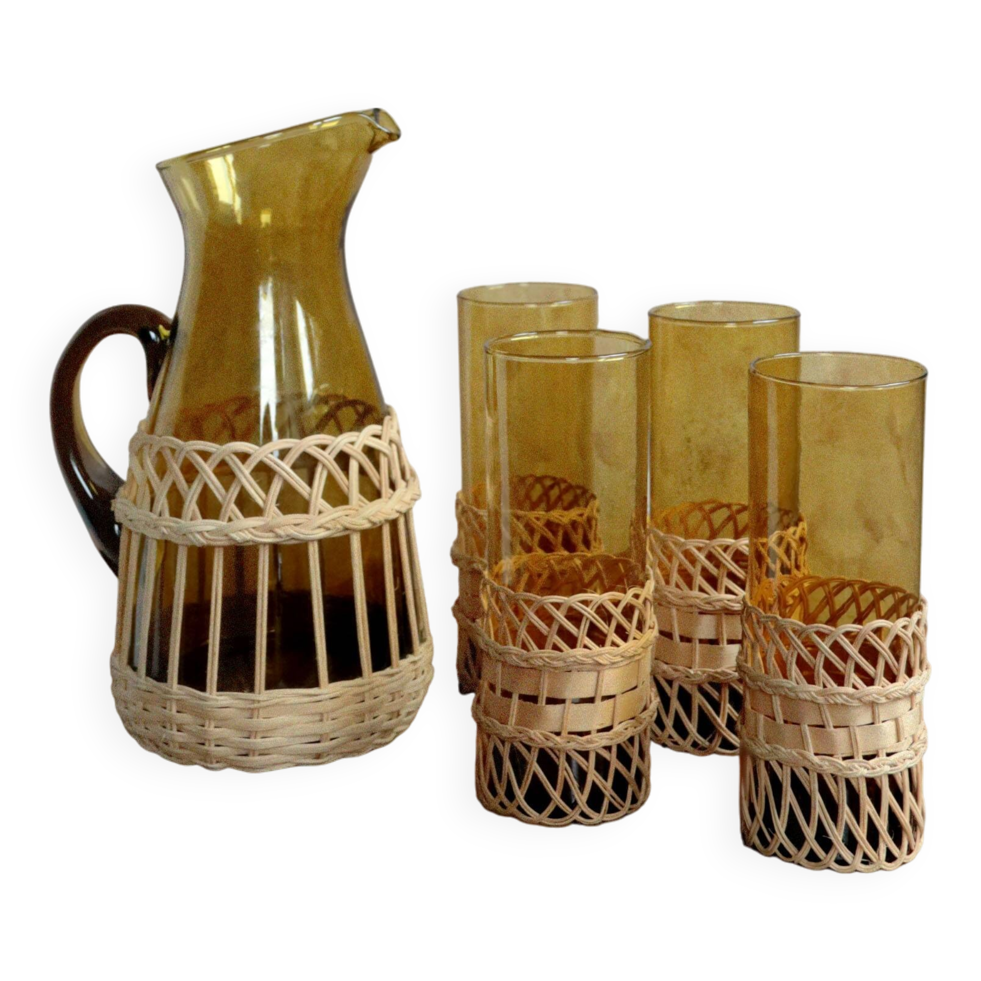 Amber glass and wicker lemonade set, carafe and glasses