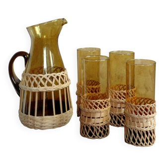 Amber glass and wicker lemonade set, carafe and glasses