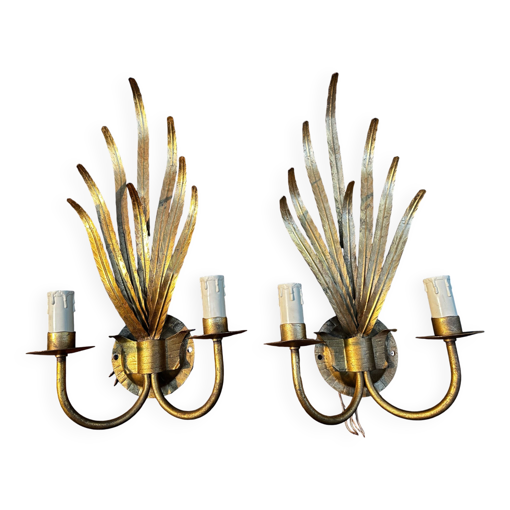 Pair of gold metal foliage spray sconces in the Bagues style - Vintage 70's