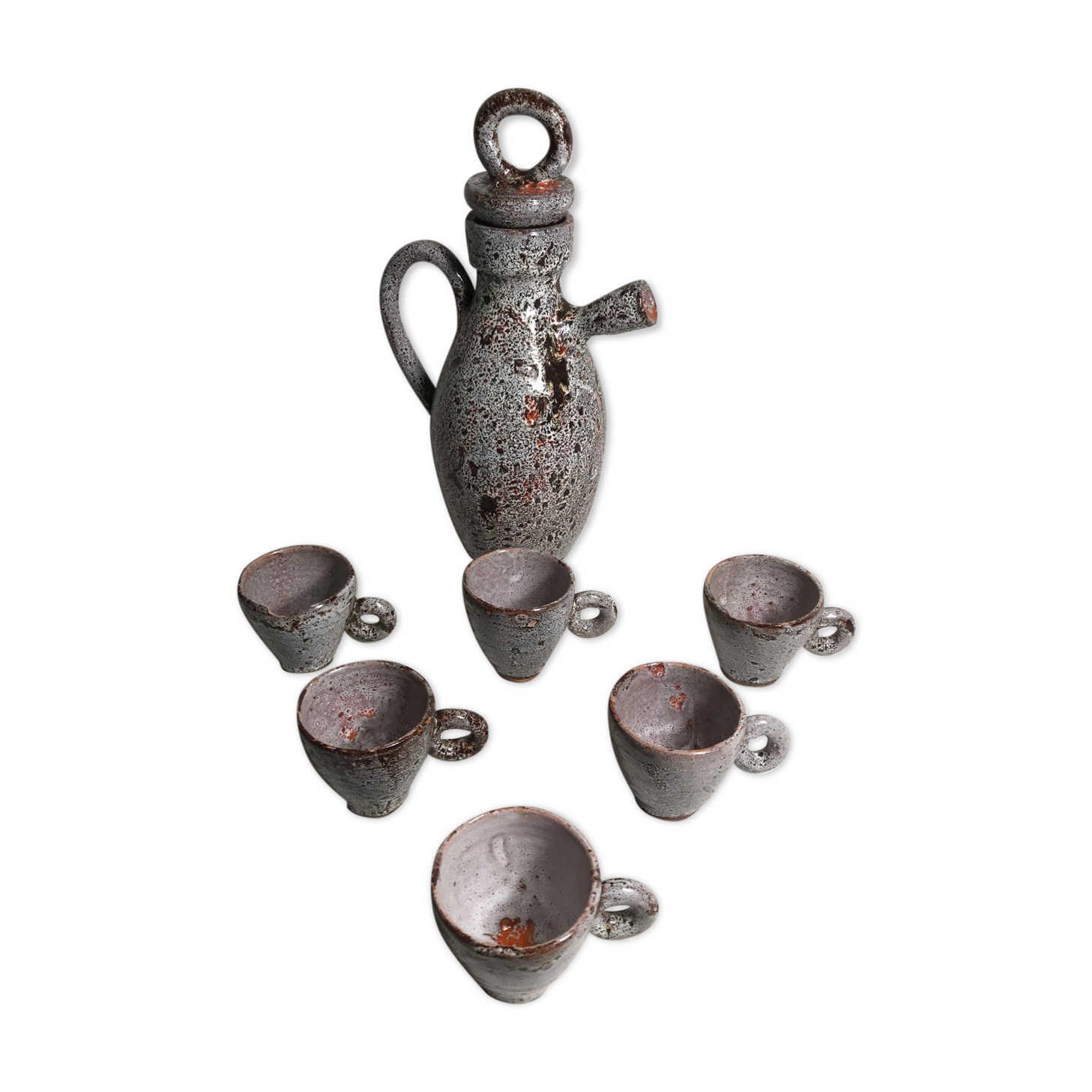 Coffee set decanter and 6 cups enamelled terracotta