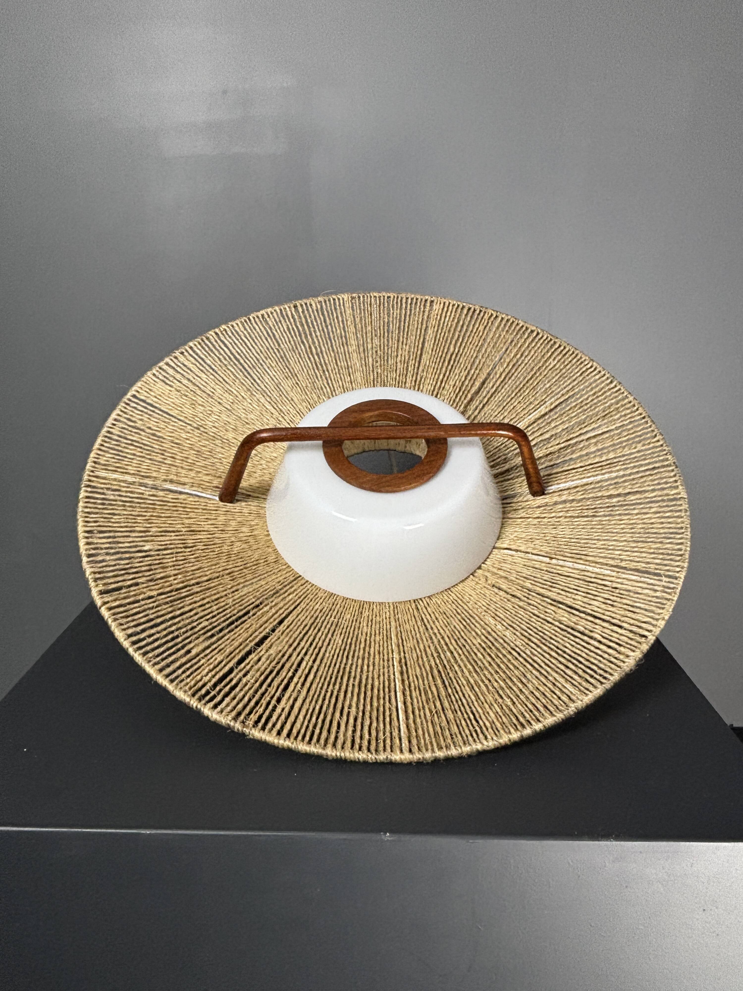 Large Mid-Century Teak and Sisal Cord Hanging Pendant by Temde Leuchten,60s