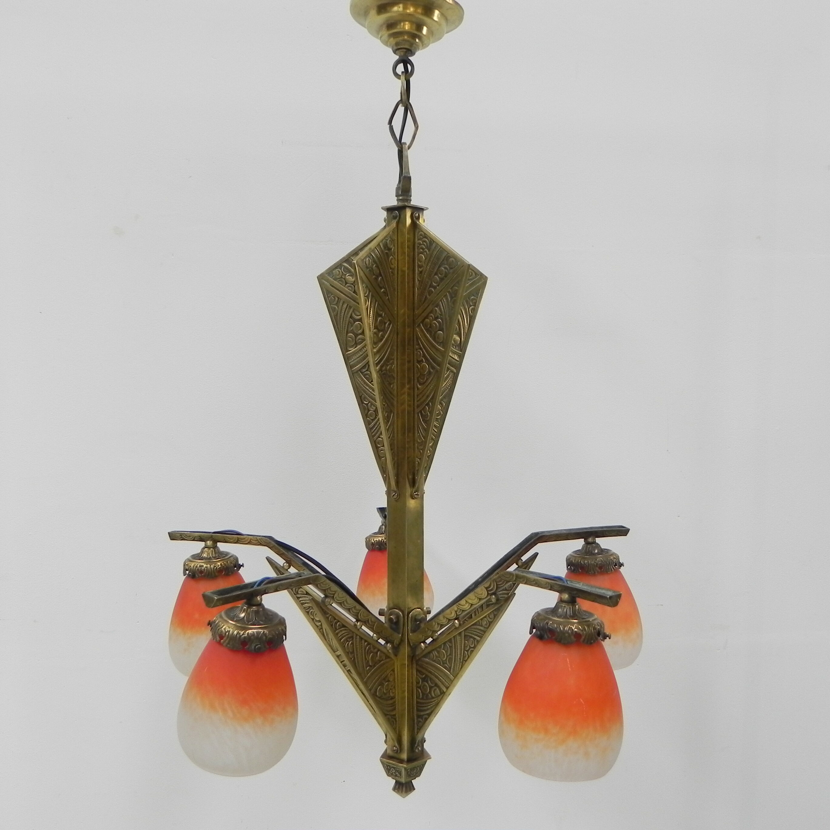 Brass Art Deco hanging lamp with 5 "pates de verre" shades